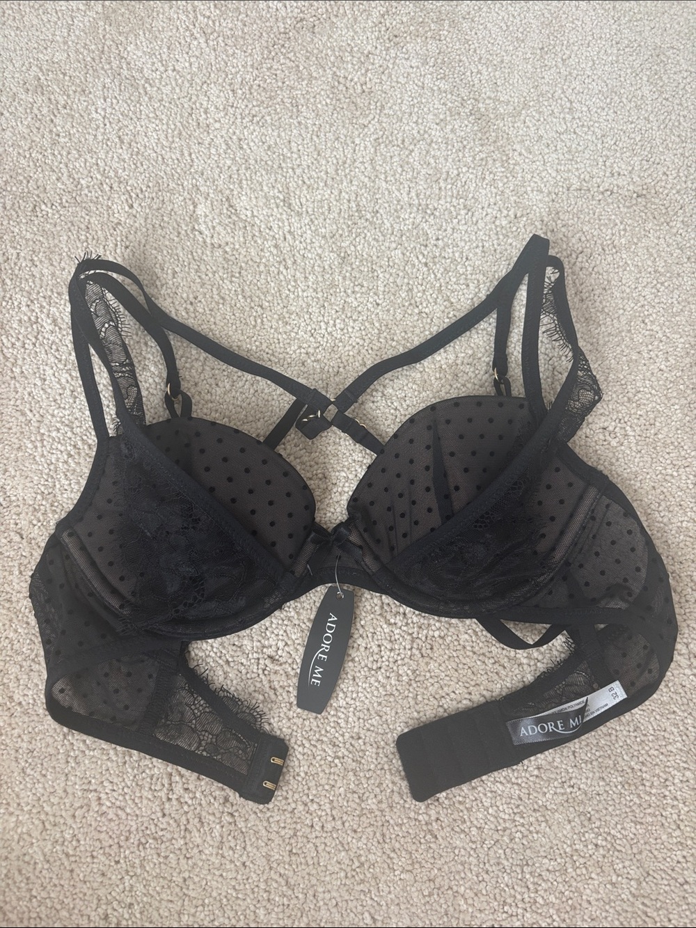 Adore Me Black Lace & Polka Dot Mesh Underwire Bra